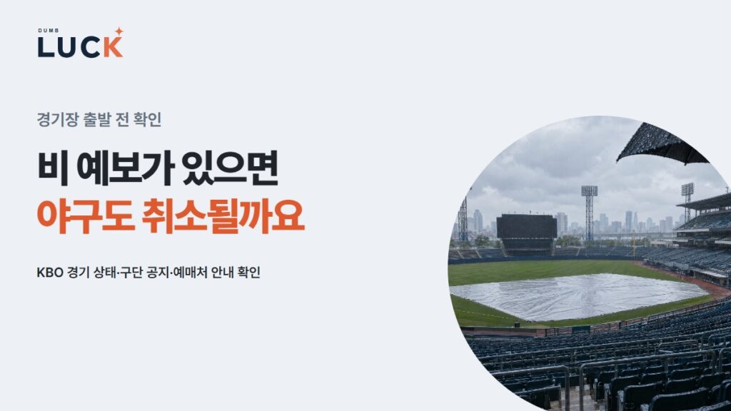 비 예보가 있으면 · 야구도 취소될까요 · KBO 경기 상태·구단 공지·예매처 안내 확인 — 비에 젖은 야구장과 내야 방수포 · AI 연출 사진을 포함한 안내 이미지.