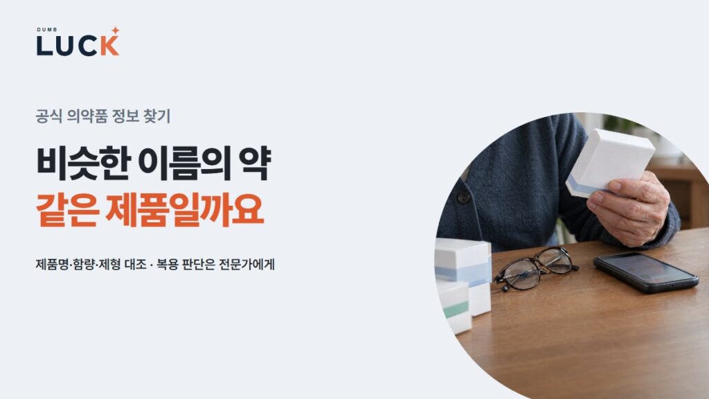 비슷한 이름의 약 · 같은 제품일까요 · 제품명·함량·제형 대조 · 복용 판단은 전문가에게 — 의약품 포장을 확인하는 손 · AI 연출 사진을 포함한 안내 이미지.