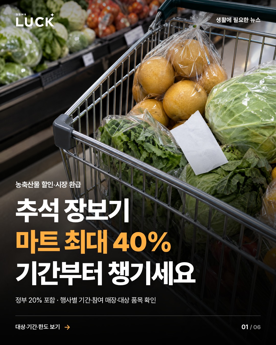 추석 장보기. 마트 최대 40%. 기간부터 챙기세요. 정부 20% 포함 · 행사별 기간·참여 매장·대상 품목 확인