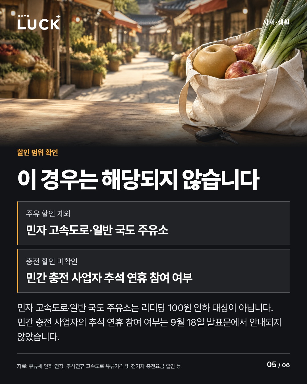 이 경우는 해당되지 않습니다. 주유 할인 제외: 민자 고속도로·일반 국도 주유소. 충전 할인 미확인: 민간 충전 사업자 추석 연휴 참여 여부. 민자 고속도로·일반 국도 주유소는 리터당 100원 인하 대상이 아닙니다. 민간 충전 사업자의 추석 연휴 참여 여부는 9월 18일 발표문에서 안내되지 않았습니다.