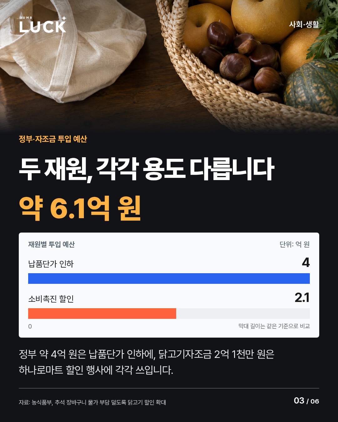 두 재원, 각각 용도 다릅니다. 약 6.1억 원. 납품단가 인하(정부): 약 4억 원. 소비촉진 할인(자조금): 2억 1천만 원. 재원별 투입 예산. 납품단가 인하: 4억 원. 소비촉진 할인: 2.1억 원. 정부 약 4억 원은 납품단가 인하에, 닭고기자조금 2억 1천만 원은 하나로마트 할인 행사에 각각 쓰입니다.