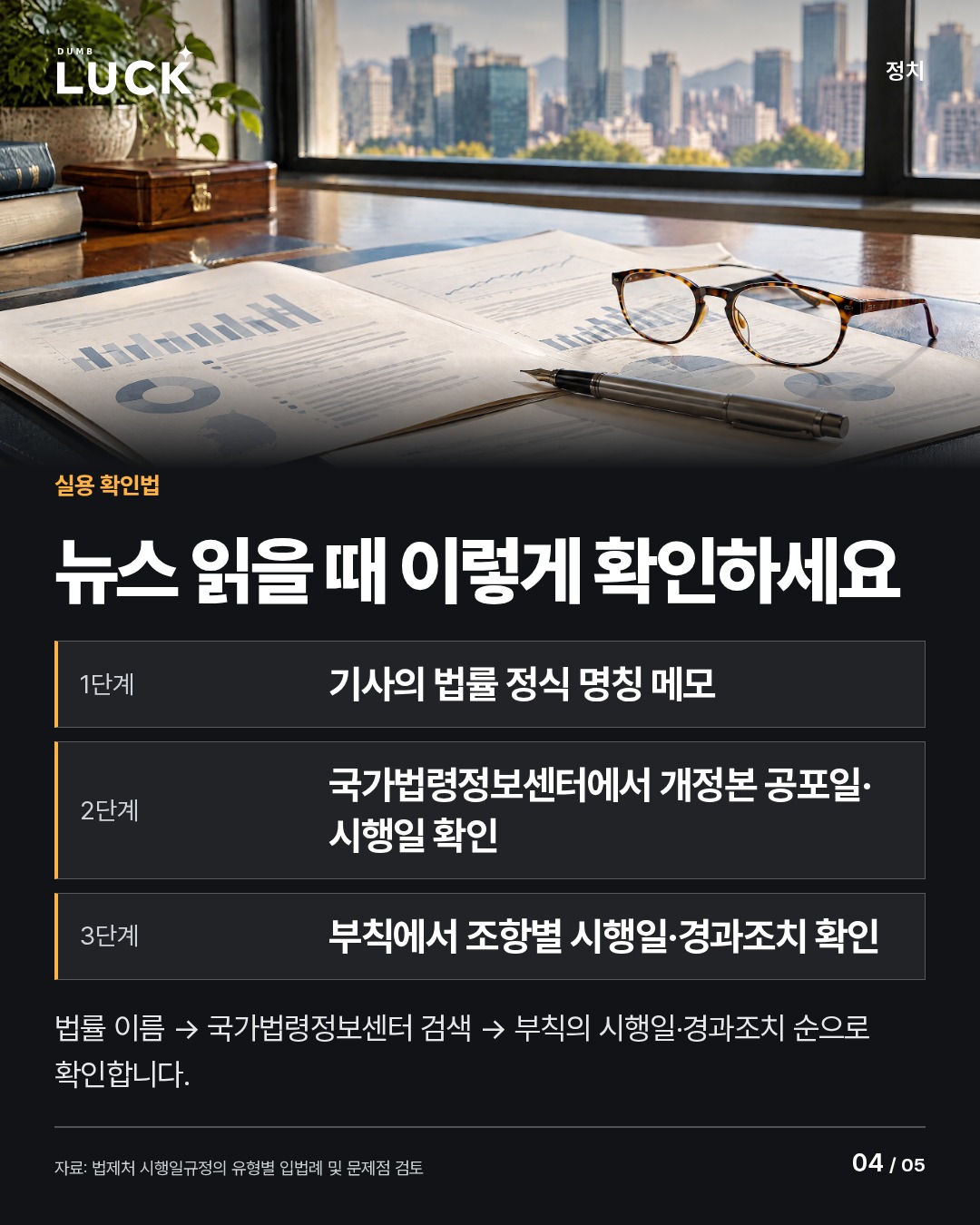 뉴스 읽을 때 이렇게 확인하세요. 1단계: 기사의 법률 정식 명칭 메모. 2단계: 국가법령정보센터에서 개정본 공포일·시행일 확인. 3단계: 부칙에서 조항별 시행일·경과조치 확인. 법률 이름 → 국가법령정보센터 검색 → 부칙의 시행일·경과조치 순으로 확인합니다.