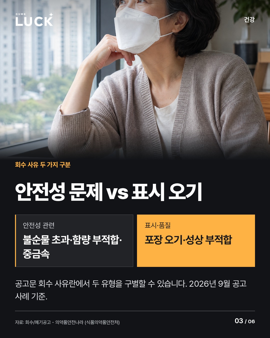 안전성 문제 vs 표시 오기. 안전성 관련: 불순물 초과·함량 부적합·중금속. 표시·품질: 포장 오기·성상 부적합. 공고문 회수 사유란에서 두 유형을 구별할 수 있습니다. 2026년 9월 공고 사례 기준.