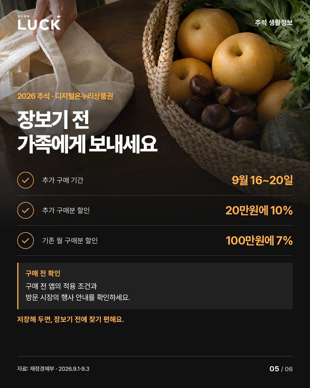 장바구니 사진 배경의 가족 공유용 체크리스트. 2026 추석 디지털온누리상품권 추가 구매 기간 9월 16~20일, 추가 20만원에 10%, 기존 월 100만원에 7%. 구매 전 앱과 방문 시장 안내 확인.