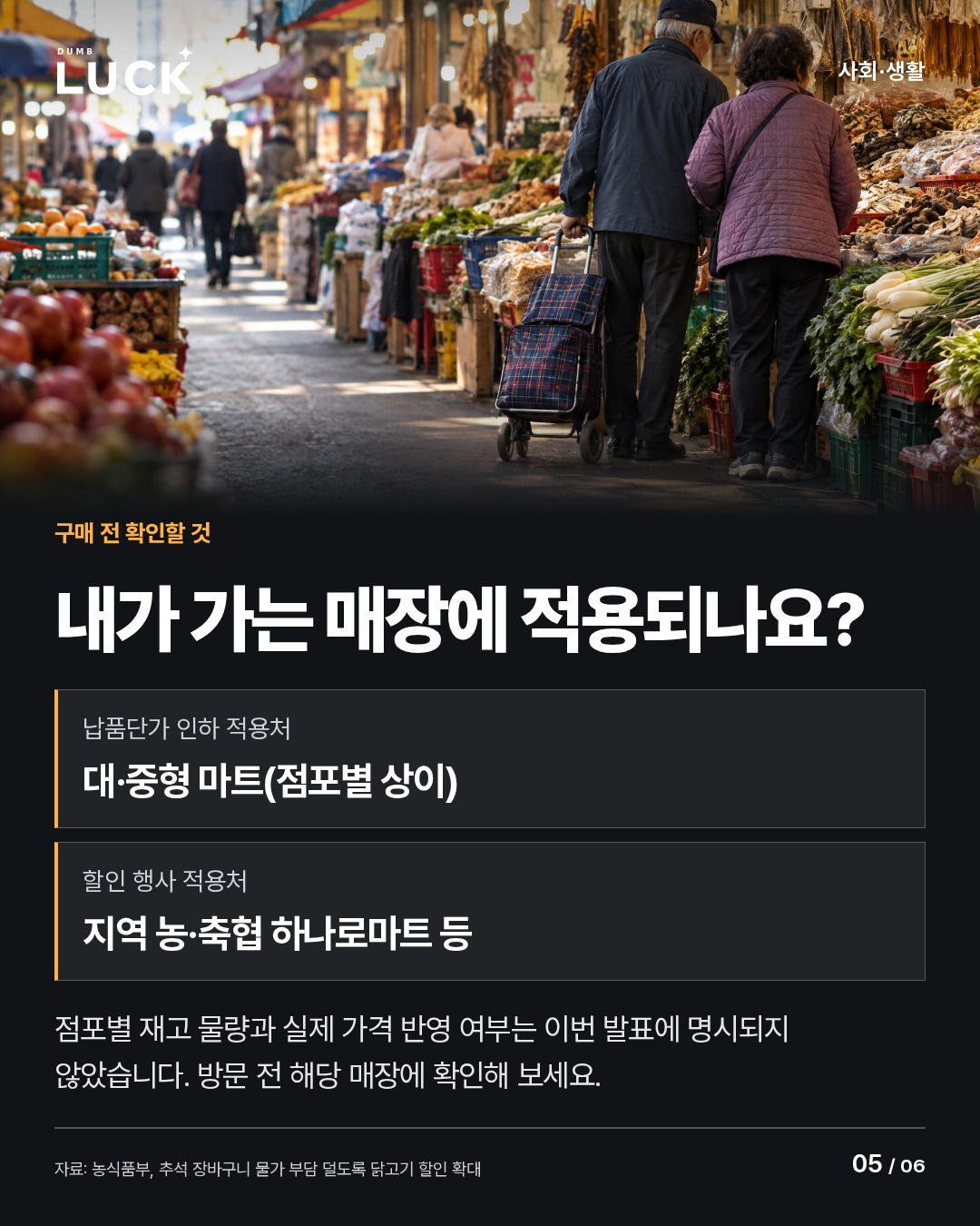 내가 가는 매장에 적용되나요?. 납품단가 인하 적용처: 대·중형 마트(점포별 상이). 할인 행사 적용처: 지역 농·축협 하나로마트 등. 점포별 재고 물량과 실제 가격 반영 여부는 이번 발표에 명시되지 않았습니다. 방문 전 해당 매장에 확인해 보세요.