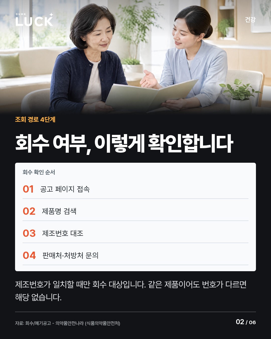 회수 여부, 이렇게 확인합니다. ①: 의약품안전나라 회수·폐기 공고 접속. ②: 제품명 또는 업체명 검색. ③: 제조번호(LOT)와 포장 번호 대조. 회수 확인 순서. 공고 페이지 접속: 0. 제품명 검색: 0. 제조번호 대조: 0. 판매처·처방처 문의: 0. 제조번호가 일치할 때만 회수 대상입니다. 같은 제품이어도 번호가 다르면 해당 없습니다.