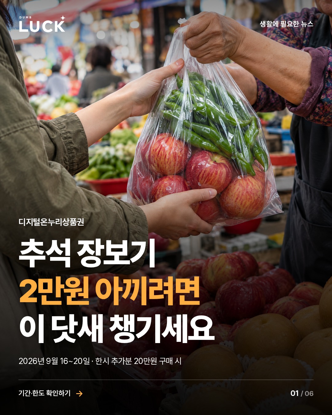 추석 장보기 2만원 아끼려면 이 닷새 챙기세요. 2026년 9월 16~20일 · 한시 추가분 20만원 구매 시. 사진: AI로 제작한 장보기 연출 이미지
