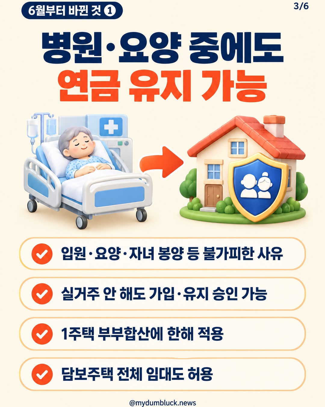 병원·요양 중에도 연금 유지 가능 입원·요양·자녀 봉양 등 불가피한 사유 실거주 안 해도 가입·유지 승인 가능 1주택 부부합산에 한해 적용 담보주택 전체 임대도 허용